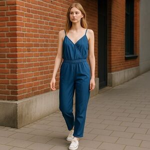Millennium Spaghetti Strap V-Neck Denim Color Blue‎ Jumpsuit